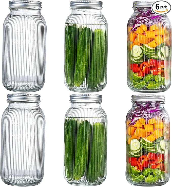 WELLIFE 64 OZ Mason Jars, 6 Pack Wide Mouth Mason Jars for Pickling, Canning, Fermenting and Food Storage, Microwave & Dishwasher Safe