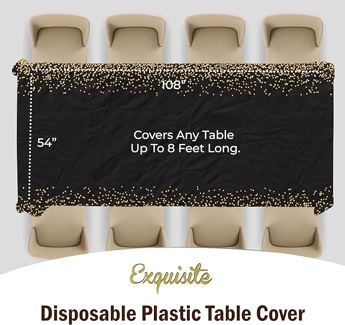 Exquisite Party Solids White and Gold Tablecloth 12-Pack New Years Plastic Tablecloth Black and Gold Dot 54in. X 108in. Rectangle Table Cover Black and Gold Party Decorations