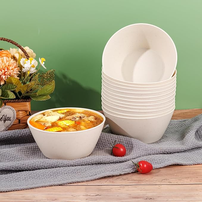 supernal 12PCS Beige Wheat Straw Bowls - Unbreakable Reusable Plastic Bowl,Fridge & Dishwasher Safe Soup Bowl,Lightweight Beige Disposable Bowls for Catering,Weddings,Cereal,Salad,Ramen