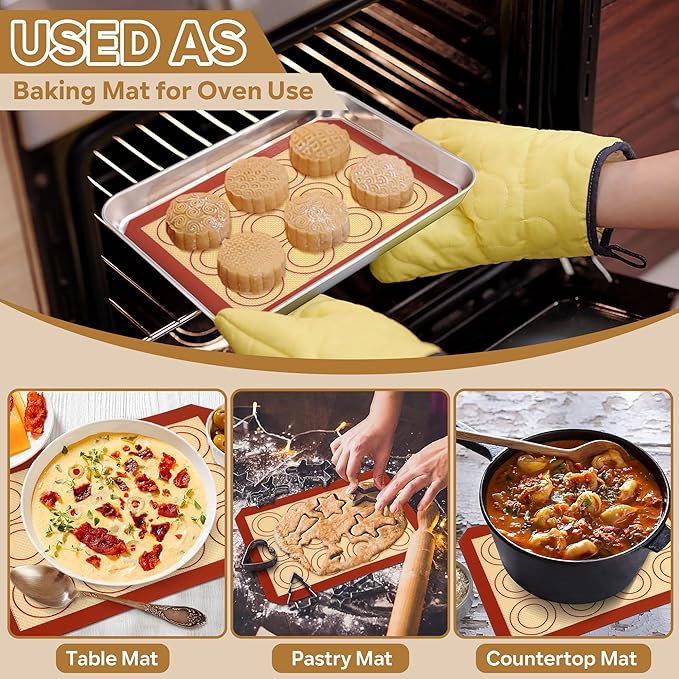 P&P CHEF 9.7 Inch Silicone Baking Mats, 2 Pcs Reusable Silicone Oven Mat, Non Stick Baking Supplies for Macaroon Pastry Bread Dough Cookie, Fits Well with Sheet Pan, Healthy & Easy Clean
