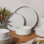 Gibson Elite Echo Bay 12 Piece Porcelain Reactive Glaze (Service for 4) Ceramic Plates and Bowls Modern Stackable Dinnerware Set - White