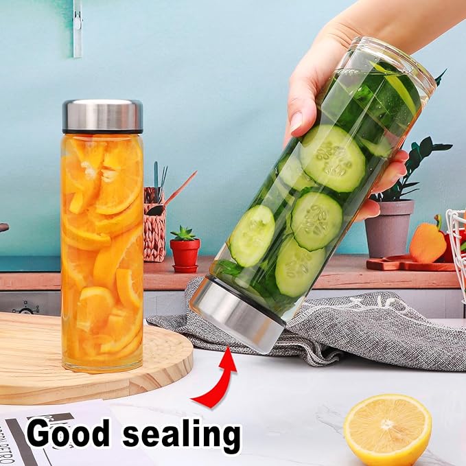 16oz Juice Bottles with Lids,4 Pack Wide Mouth Glass Bottles with Stainless Steel Cap,Reusable Glass Water Bottles for Juicing, Smoothies, Infused Water,Beverage Storage,BPA Free,Leakproof