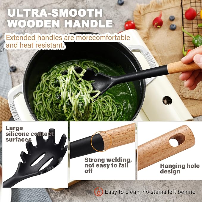 QMVESS Silicone Cooking Utensils Set, Kitchen Utensils Set 7 Pcs with Long Wooden Handle, Food Grade and Heat Resistant Large Silicone Spatula Set for Nonstick Cookware, BPA Free（Black）