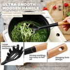 QMVESS Silicone Cooking Utensils Set, Kitchen Utensils Set 7 Pcs with Long Wooden Handle, Food Grade and Heat Resistant Large Silicone Spatula Set for Nonstick Cookware, BPA Free（Black）