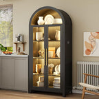 Arch Storage Cabinet with Tempered Glass Door, 71” Arched Display Floor Cabinet, 5 Tier Farmhouse Buffet with Storage for Dining Room, Living Room, Home Office or Kitchen(Black)