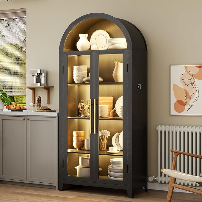 Arch Storage Cabinet with Tempered Glass Door, 71” Arched Display Floor Cabinet, 5 Tier Farmhouse Buffet with Storage for Dining Room, Living Room, Home Office or Kitchen(Black)