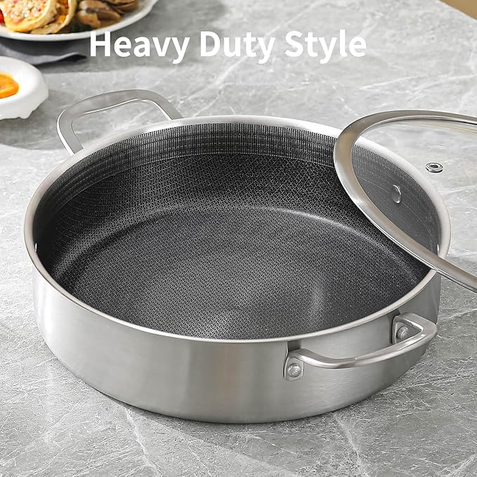 DELARLO Tri-Ply Stainless Steel 7QT Saute Pan With Lid Nonstick, 12 Inch Deep Frying Pan, Large Skillet, Cooker Pan,Dishwasher & Oven Safe