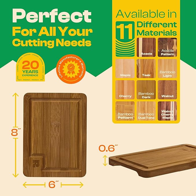 Riveira Brown Bamboo Wood Cutting Board – Gourmet Bamboo Grandeur: 8 x 6 Wooden Cutting Board – Wooden Cutting Boards For Kitchen Decorative – Innovative Juice Grooves Wooden Chopping Board
