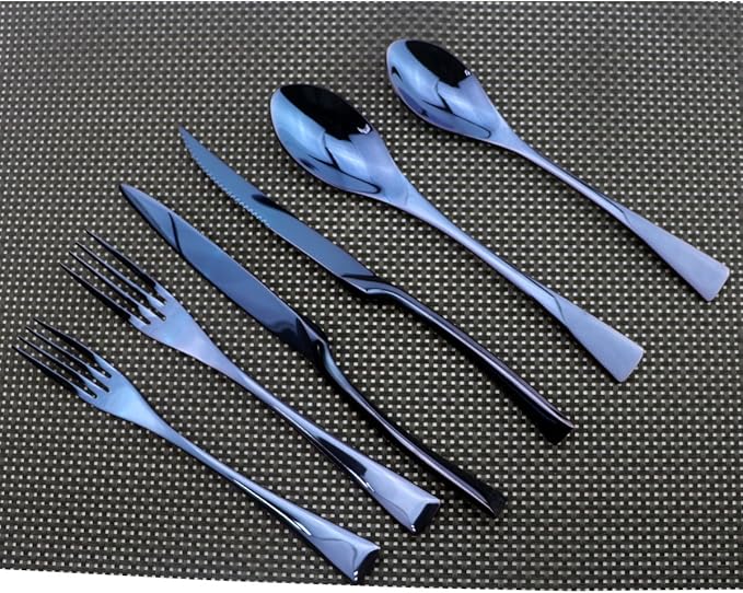 Flatware Set 18/10 Stainless Steel Mirror Polished Blue Cutlery - Silverware Utensil Set of Serrated Steak Knife Dinner Fork Knife Spoon Salad Fork Dessert Spoon,6 Piece Service for 1
