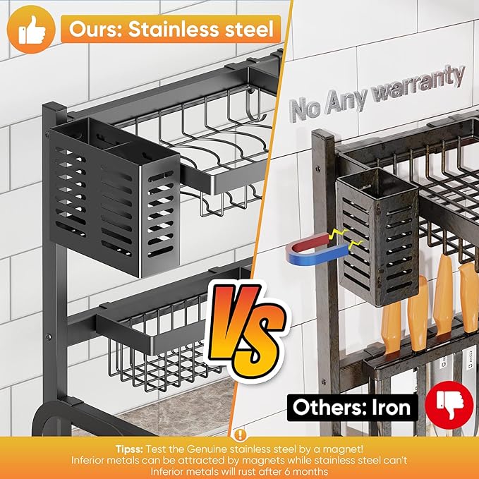 PUSDON Over Sink Dish Drying Rack Stainless Steel, Adjustable Large Dish Drainer for Storage Kitchen Organization Black 2 Tier-Simplified(26"-38")