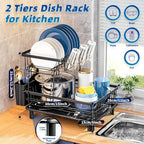 2 Tiers Dish Drying Rack, Space-Saving Dish Racks for Kitchen Counter, Dish Drainer Drying Rack with Drainboard, Utensil Holder Cups Holder Plate Rack and Automatic Drainage Drainboard, Black
