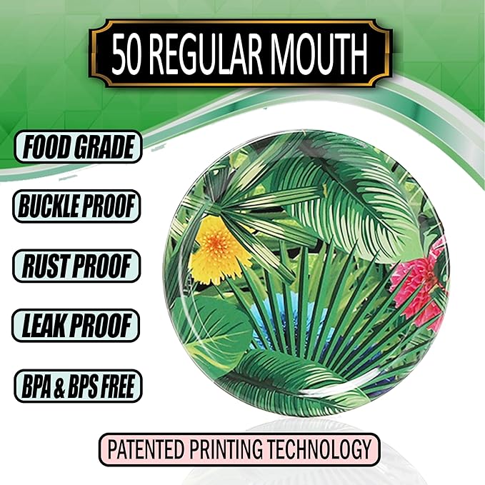 Supa Ant Thickest Canning Lids Regular Mouth (50 Pcs.) Food Grade Tin Can Lids for Canned Food - Buckle Proof & Rust Proof Lid for Canning Kit for Regular Mouth Mason Jars (Tropical) Canning Supplies