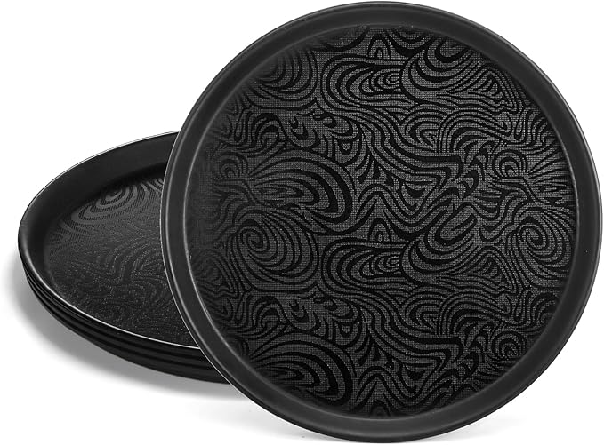 Hacaroa 4 Pack Round Restaurant Serving Tray, 14 Inch Black Plastic Server Tray Non-Slip Food Serving Platter for Drinks, Bar, Cafeteria, Hotel, Coffee Table, Raised Edges