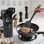 Coukre Silicone Kitchen Cooking Utensils Set with Holder – Heat-Resistant, Food-Grade Kitchen Tools, Spatula, Spoon & Gadgets for Non-Stick Pans, Dishwasher Safe (14, Black)