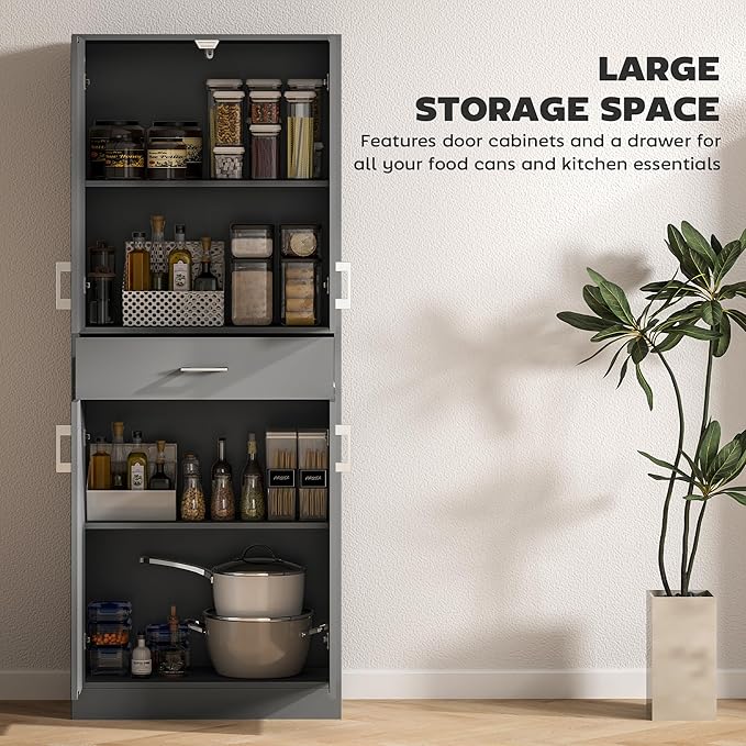 HOMCOM 71" Kitchen Pantry Cabinet with Drawer and Adjustable Shelf, Freestanding Tall Storage Cabinet with 2 Double Door Cupboards, Gray