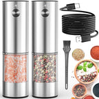 2Pack Electric Salt and Pepper Grinder Set USB Rechargeable with Warm LED Light, Adjustable Coarseness Lidaop Large Capacity Automatic Salt Pepper Mill Grinder for Kitchen, Sliver Set