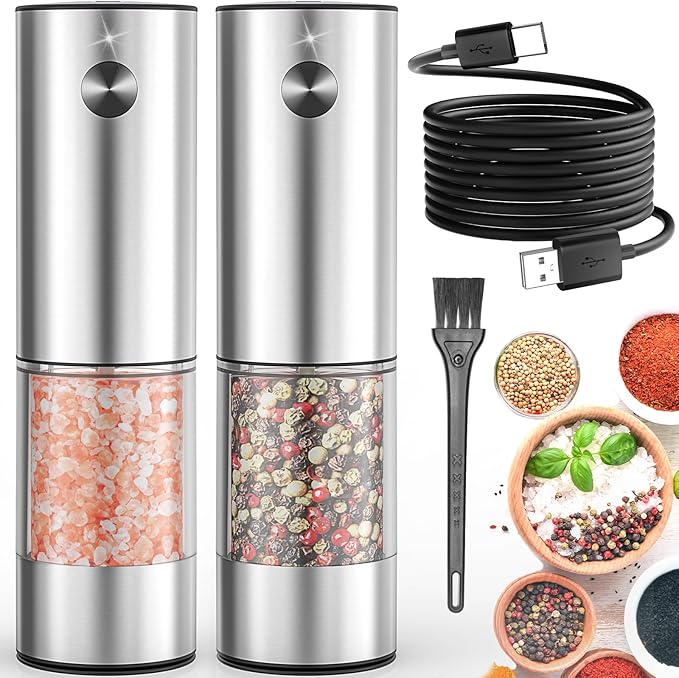 2Pack Electric Salt and Pepper Grinder Set USB Rechargeable with Warm LED Light, Adjustable Coarseness Lidaop Large Capacity Automatic Salt Pepper Mill Grinder for Kitchen, Sliver Set