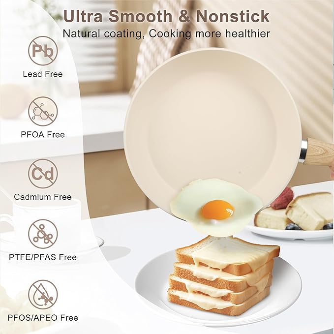 11Pcs Nonstick Cookware Set, Aluminum Nonstick Pots and Pans with Lids & Wooden Handles, Silicone Spoons & Spatulas, Non-toxic Healthy Kitchen Cooking Sets, PFAS & PFOA Free