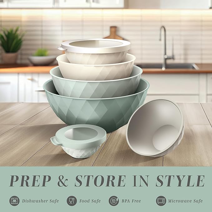 COOK WITH COLOR Mixing Bowls with Lids - 12 Piece Plastic Nesting Bowls Set includes 6 Prep Bowls and 6 Lids, Diamond Design - Microwave Safe (Mint)