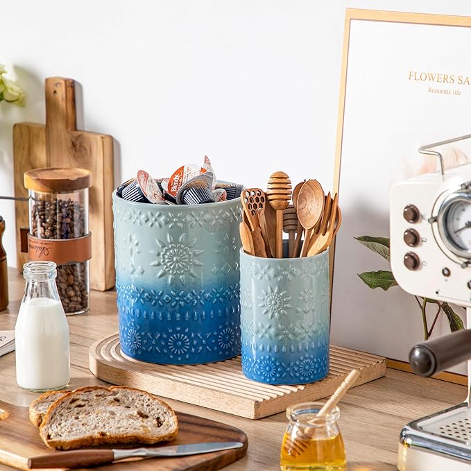 LOVECASA Utensil Holder, 7.2"+5.4" Ceramic Utensil Holder for Countertop, Large Cooking Utensil Crocks for Kitchen Counter, Farmhouse Utensil Vase for Housewarming, Kitchen Decor, Set of 2, Oceans