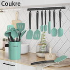 Coukre Silicone Kitchen Cooking Utensils Set with Holder – Heat-Resistant, Food-Grade Kitchen Tools, Spatula, Spoon & Gadgets for Non-Stick Pans, Dishwasher Safe (14, AquaGreen)