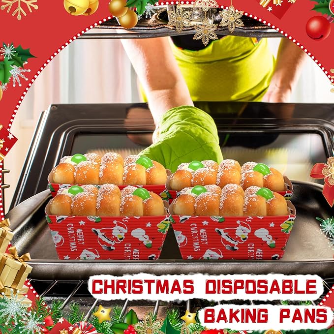 100 Sets Christmas Paper Loaf Pans Mini Disposable Baking Bread Pans with 100 Pcs Clear Bread Bags with Ties Rectangle Loaf Molds for Cake Oven Baker(3.2 x 1.6 x 1.6 Inches)