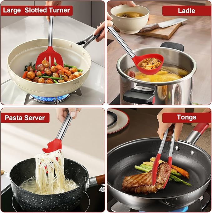 8 PCS Silicone Kitchen Utensils, Vayvnt Large Cooking Utensils Set for Nonstick Cookware, Silicone Spatula Set Includes Spoons and Tongs, Kitchen Essentials for Cooking & Baking, Dishwasher Safe, Red