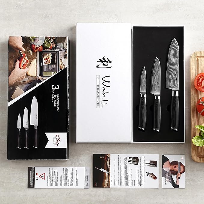 Wakoli MIK Damascus 3-Piece Knife Set – Japanese Style Kitchen Knives | Genuine Damascus Steel Blades with VG10 Core | Ergonomic Micarta Handles | Professional Chef Knife Gift Set in Elegant Box