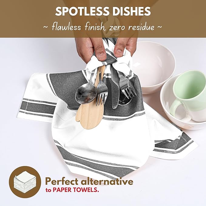 Native Fab Gray Kitchen Dish Towels 18x28 Inch, Set of 4, Wide Stripe, Super Absorbent, Fast Dry, Soft, 100% Cotton Towels for Wiping Hands, Drying Dishes, Cleaning Spills Dish Cloths Set - Grey