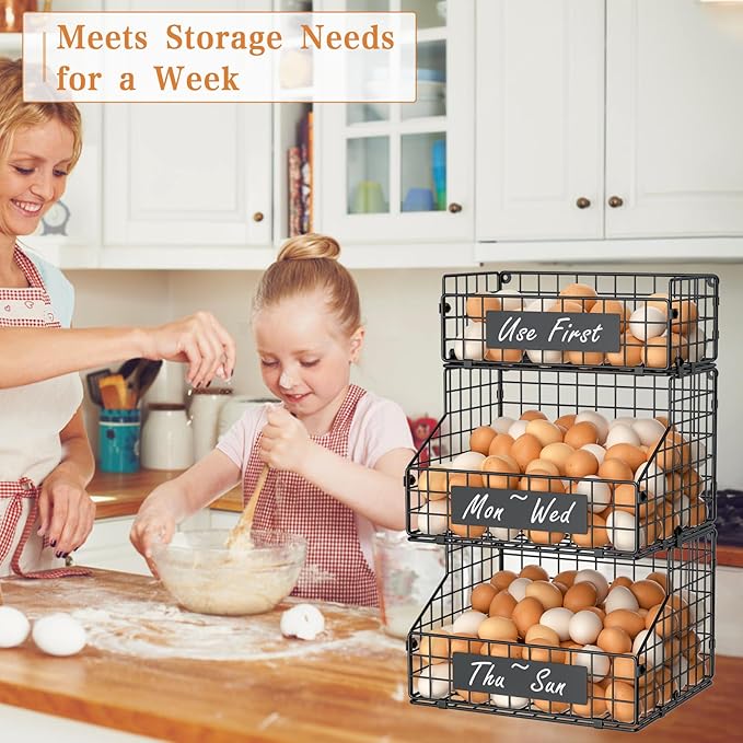 keomaisyto Egg Holder Countertop with Nameplate to Separate Eggs, 3 Tier Stackable Wire Storage Baskets for Gathering Fresh Eggs, Large Egg Rack for Countertop/Wall-Mounted, Medium (Patent Pending)