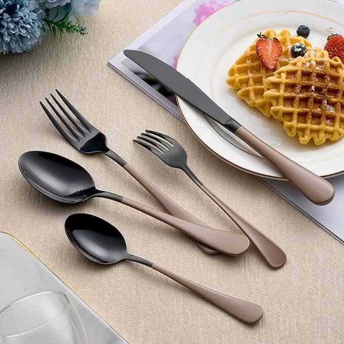 20-Piece Black Silverware Set 18/0 Stainless Steel Silverware Set Brown Handle Cutlery Set Service for 4 Dinner Knives Forks Spoons Set Flatware Set Finish Dishwasher Safe