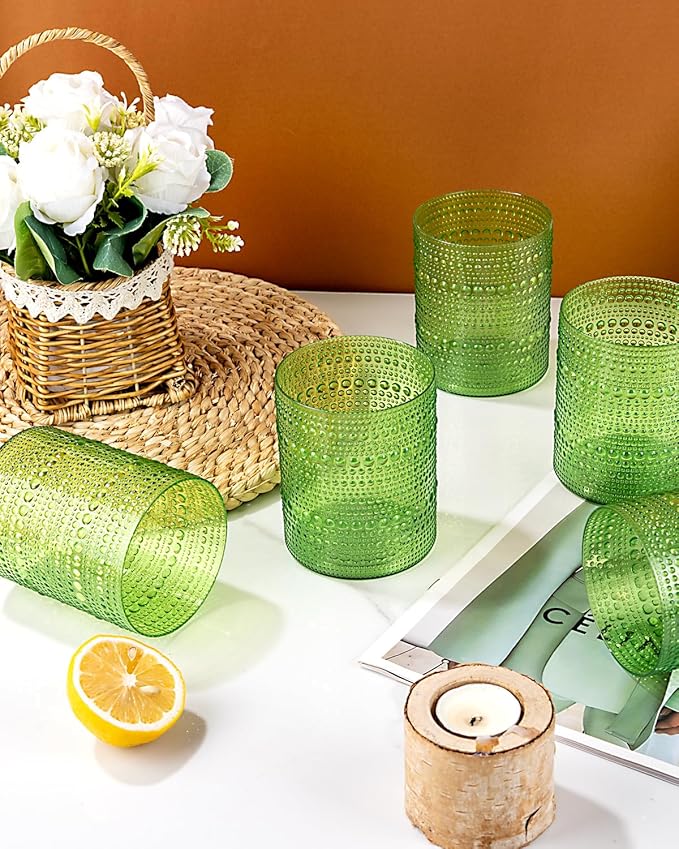 18PCS Hobnail Plastic Drinking Glasses - 14Oz Beaded Glasses Drinkware Set Disposable - Green Vintage Plastic Bubble Glassware for Beer, Juice, Cocktail, Whiskey, Milk and Various Mixed Drinks