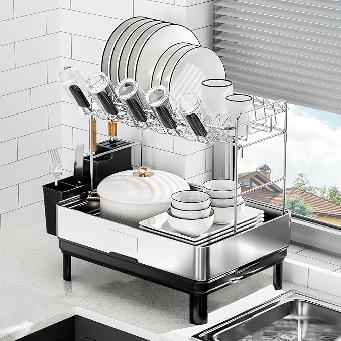 Dish Drying Rack, 2 Tier Large Dish Rack, Stainless Steel Dish Drainer for Kitchen Counter, Dishes Rack with Automatic Drainage, Utensil Holder,Cups Holder,Space Saving Kitchen Organizer,Black