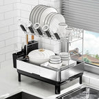 Dish Drying Rack, 2 Tier Large Dish Rack, Stainless Steel Dish Drainer for Kitchen Counter, Dishes Rack with Automatic Drainage, Utensil Holder,Cups Holder,Space Saving Kitchen Organizer,Black