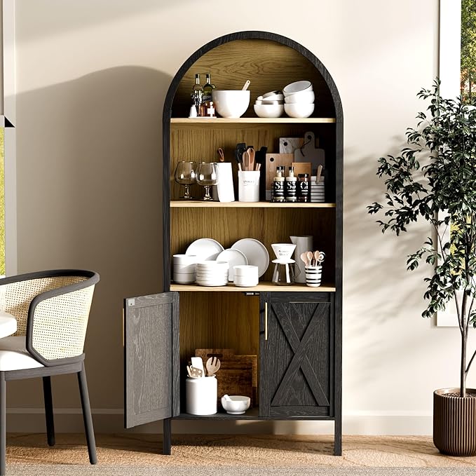 Arch Storage Cabinet with Beech-Wooden Door, 60” Cute Arched Display Cabinet, 4 Tier Farmhouse Buffet Cabinets with Storage for Dining Room, Living Room, Home Office or Kitchen (Black)