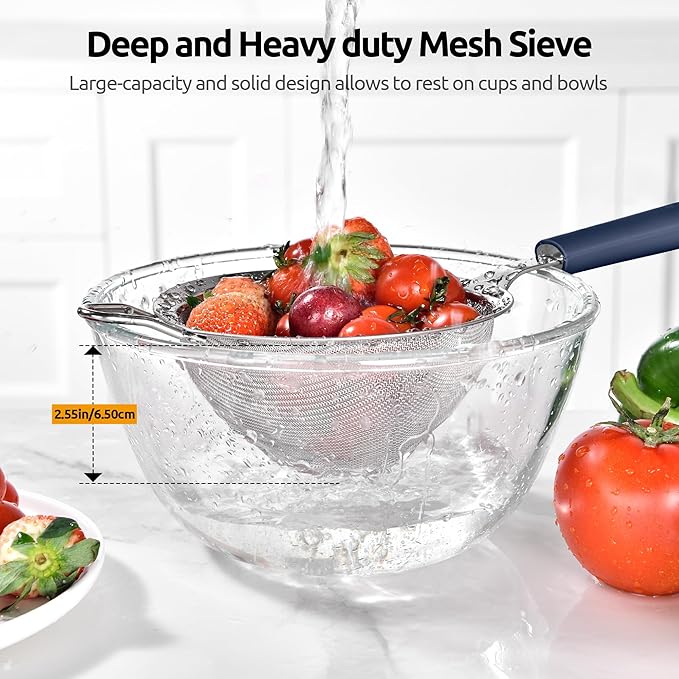 U-Taste Medium Fine Mesh Strainer: 18/8 Stainless Steel 4.73in 30 Mesh Kitchen Food Sieve with Sturdy Riveted Silicone Handle, Heavy Duty Deep Handheld Metal Colander for Rice, Quinoa(Midnight Blue)
