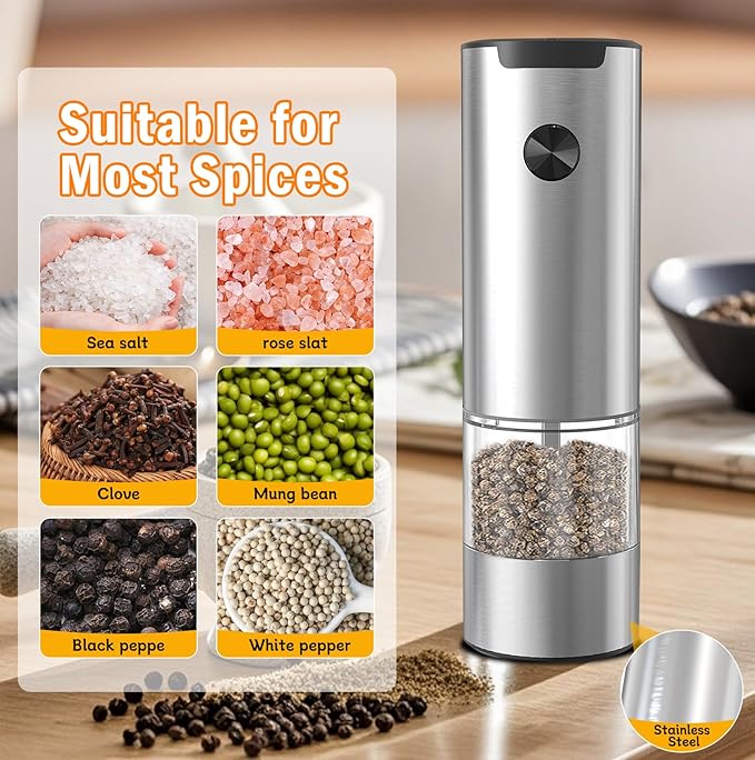 Electric Salt and Pepper Grinder, Stainless Steel Pepper Mill with Light, Adjustable Coarseness Salt & Pepper Mill Electronic Pepper Shaker Battery Operated One Handed Operation Grinder (Silver)