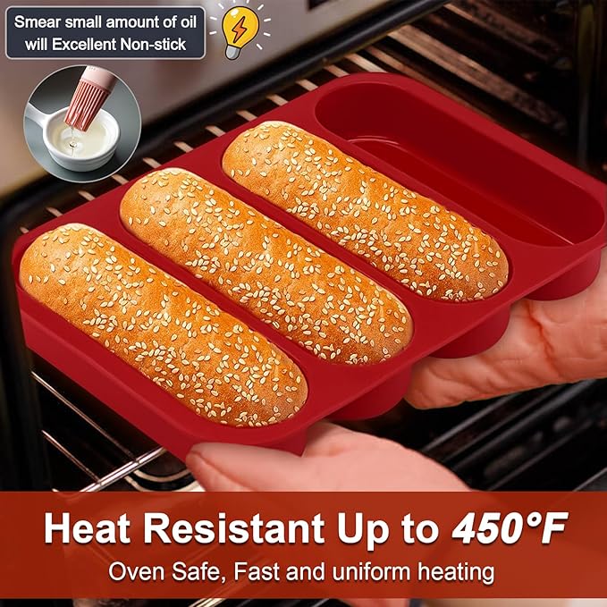 Silicone Hotdog Bun Pan, 6 Inch Standard Hot dog Bun Mold, 4 Cup Non-stick Homemade Hotdog Bun Baking Pans, Mini Baguette Pans, Dishwasher Safe, 2 Pcs (Red)