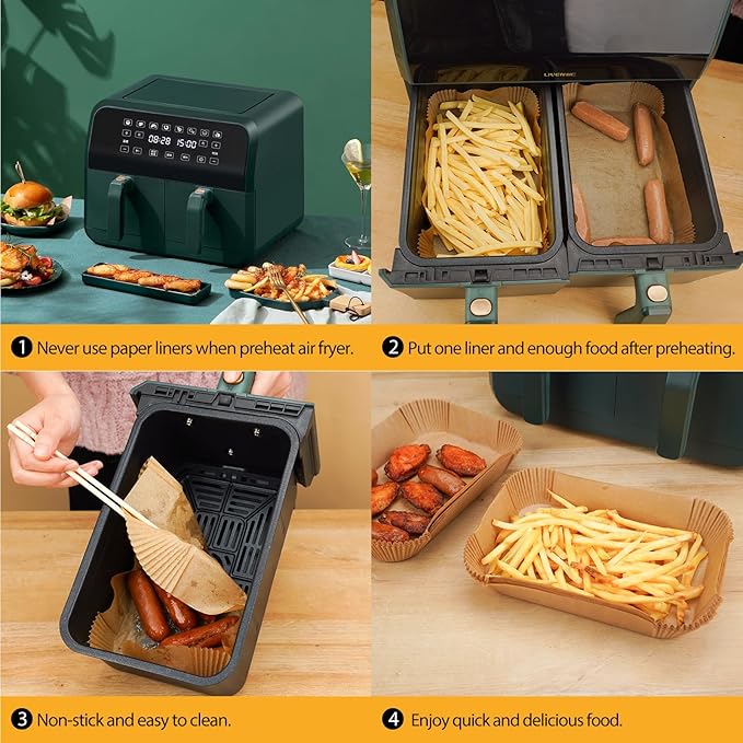 Vailnd Air Fryer Liners Disposable for Dual Basket, 100Pcs 8x5.5 Inch Rectangle Air Fryer Paper Liner for Ninja DZ201 DZ401, Chefman/COSORI 2-Basket Air Fryer, Oil Proof Parchment Paper