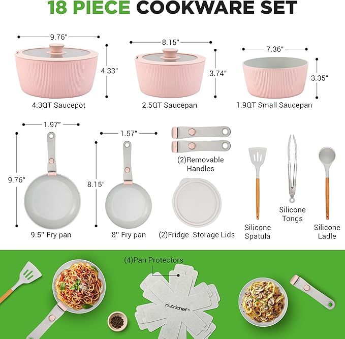NutriChef 18-Piece Ceramic Cookware Set with Detachable Handles, Non Stick Pots and Pans, PTFE-Free Natural Ceramic Coating, Space-Saving Design, Oven & Stove Safe, Includes Utensils, Pink