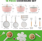 NutriChef 18-Piece Ceramic Cookware Set with Detachable Handles, Non Stick Pots and Pans, PTFE-Free Natural Ceramic Coating, Space-Saving Design, Oven & Stove Safe, Includes Utensils, Pink