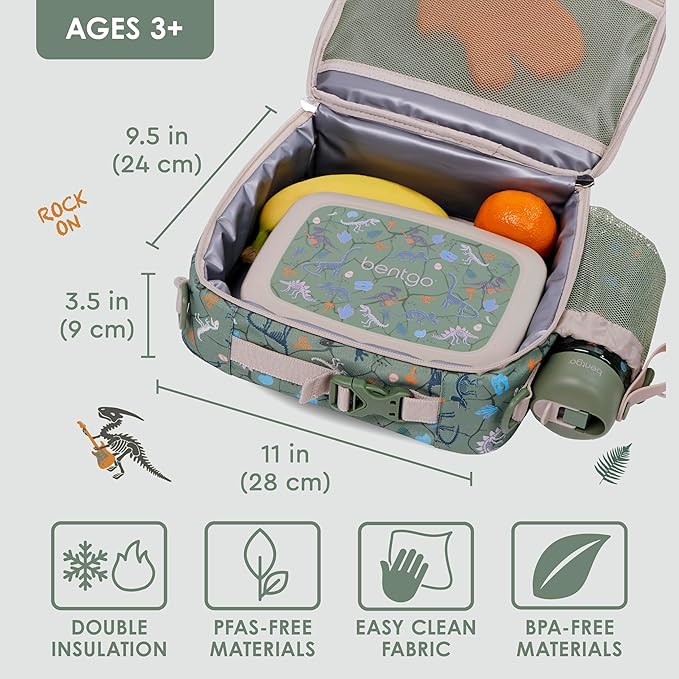 Bentgo Kids Lunch Bag - Durable, Double-Insulated Lunch Bag for Kids 3+; Holds Lunch Box, Water Bottle, & Snacks; Easy-Clean Water-Resistant Fabric & Multiple Zippered Pockets (Dino Fossils)