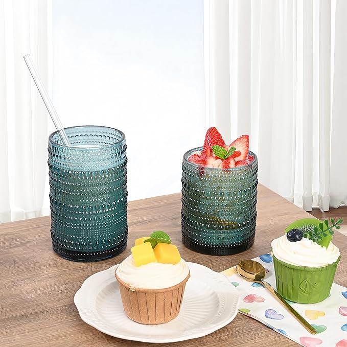 Vintage Hobnail Drinking Glasses Set of 8,Colored 12 oz & 15oz Highball Glass Cups, Kitchen Drinkware Glassware,Embossed Water Tumbler,for Beer,Cocktail,Whiskey,Juice and Various Mixed Drinks