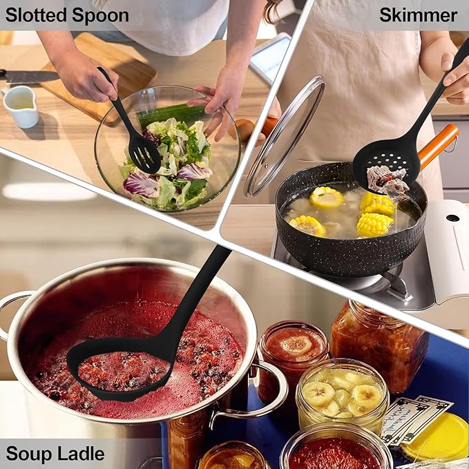 TeamFar Silicone Cooking Utensils Set of 6, Heat Resistant Kitchen Utensils, Spatula Ladle Spoon Pasta Server for Non-stick Cookware, Non-Toxic & One-Piece, Non-Scratch & Dishwasher Safe, Black