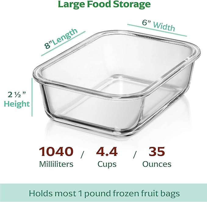 Fusion Gourmet 8 Pack 35 oz Glass Storage Containers with Lids - Airtight, Leakproof, Oven, Microwave & Freezer Safe, Stain & Odor Resistant, Reusable Meal Prep Containers (16-Piece)