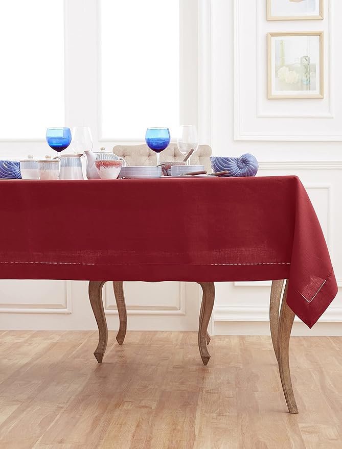 Solino Home Linen Red Tablecloth 60 x 90 Inch - Classic Hemstitch, 100% Pure Linen Rectangular Tablecloth - Machine Washable Table Cloth for Summer