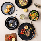 AmorArc Ceramic Dinnerware Sets, Wavy Rim Stoneware Plates and Bowls Sets, Highly Chip and Crack Resistant | Dishwasher & Microwave & Oven Safe Dishes set, Service for 4 (12pc)-Matte Black