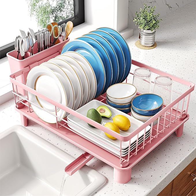 Dish Drying Rack - Small Dish Rack for Kitchen Counter, Stainless Steel Dish Drainer with Utensil Holder and Drainboard (Pink)