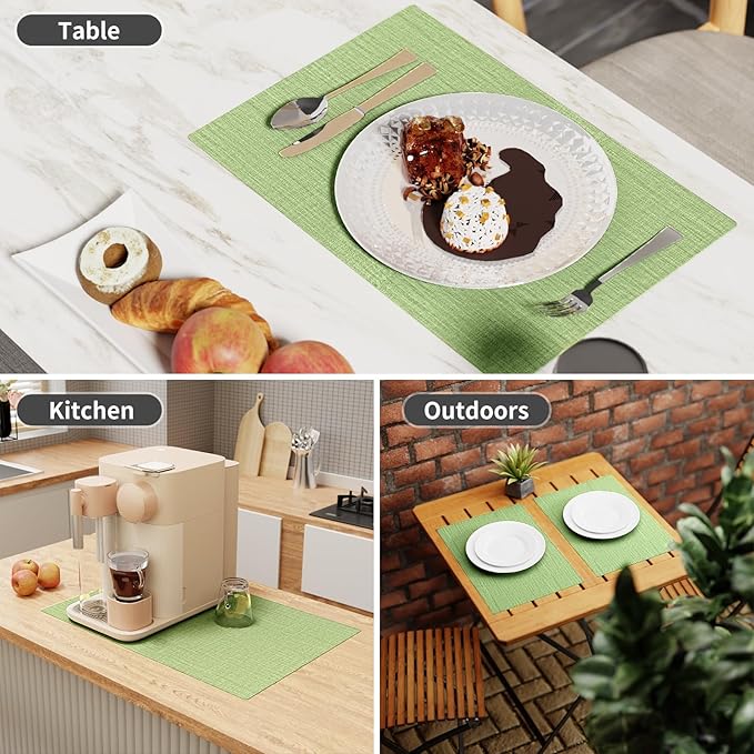 Cloth Placemats, Set of 6 Heat-Resistant Cotton Linen Blend Double Layered Machine Washable Place Mats, Wrinkle Free Thick Fabric Dining Table Mats for Indoors & Outdoors (Grass Green, 6)