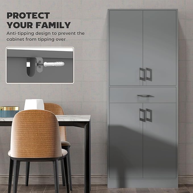 HOMCOM 71" Kitchen Pantry Cabinet with Drawer and Adjustable Shelf, Freestanding Tall Storage Cabinet with 2 Double Door Cupboards, Gray